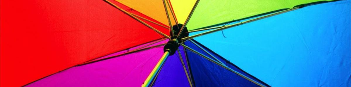 The inside of a colourful umbrella